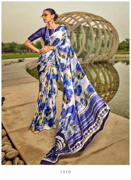 Blue Colour Satin Digital 1400 Series By Rajtex Satin Crepe Casual Wear Saree Wholesale In Delhi 1410